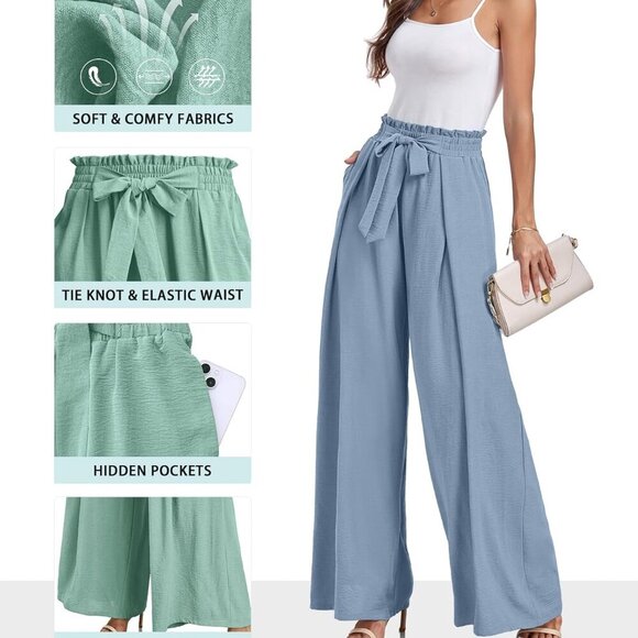 High Waisted Palazzo Pants Work Casual Flowy Tie Knot Trousers with Pockets - Picture 2 of 5